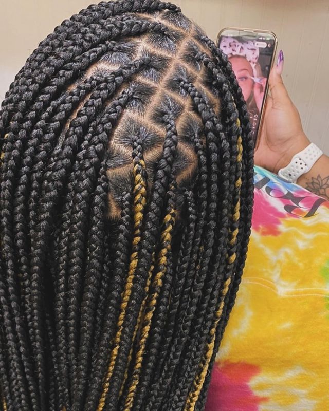 A woman with braids is taking a picture of herself with her phone.