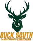 The logo for buck south landscaping and hardscaping shows a deer head with antlers.