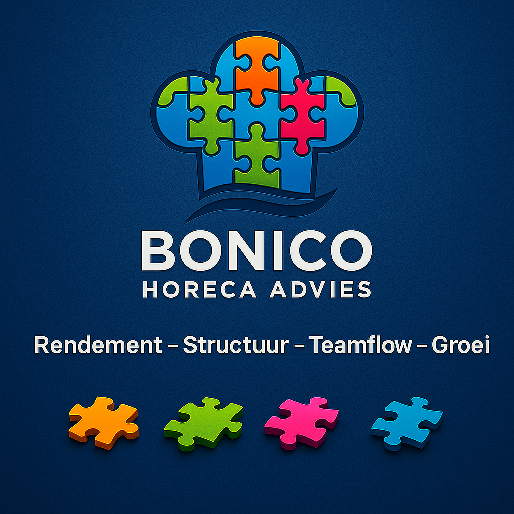 Logo for BONICO HORECA ADVIES with a chef's hat made of puzzle pieces. Text: Rendement - Structuur - Teamflow - Groei.