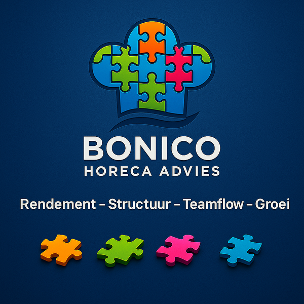 Bonico Horeca Advies logo: chef's hat made of puzzle pieces, blue background. Text: Rendement, Structuur, Teamflow, Groei.