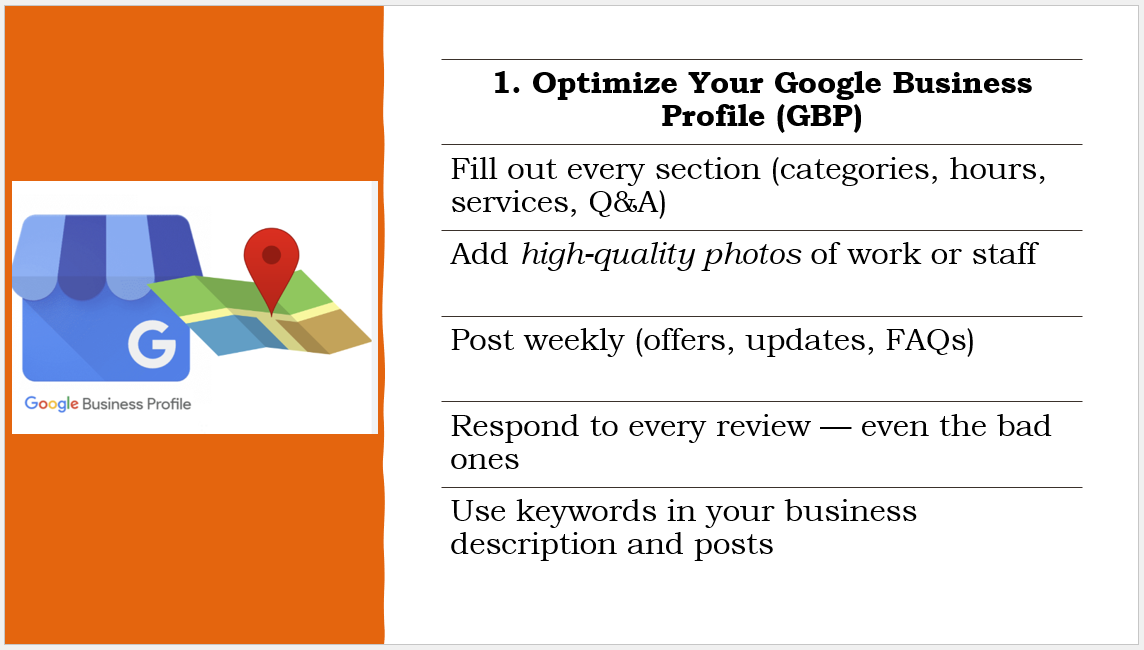 A picture of a google business profile with instructions on how to optimize your google business profile