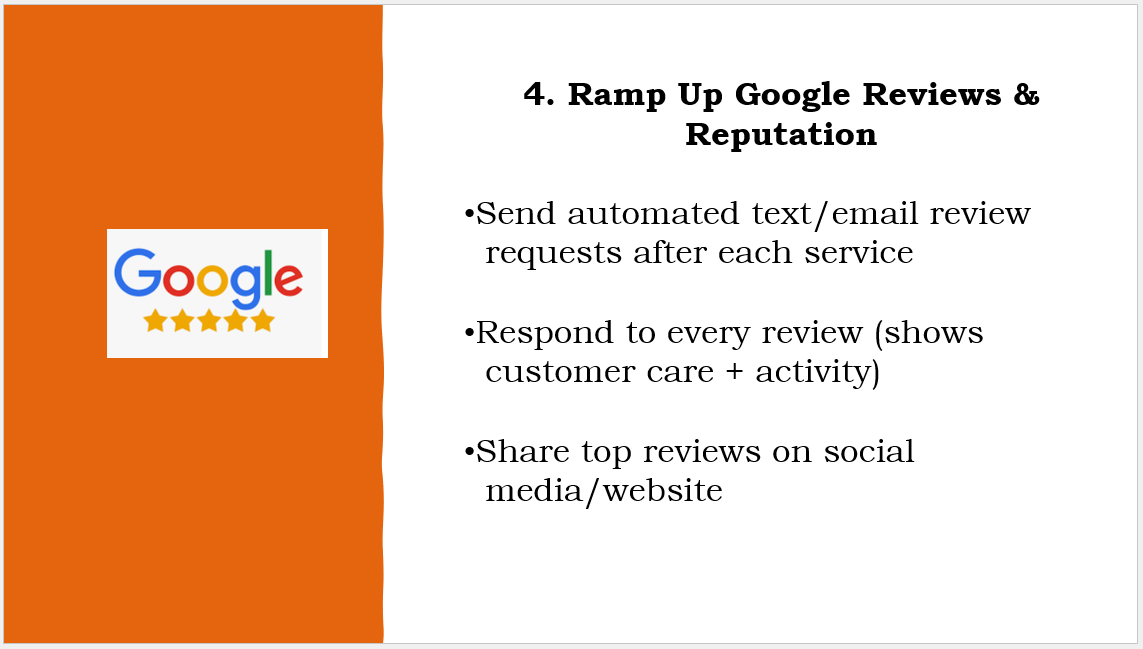 A google review is shown on an orange background.