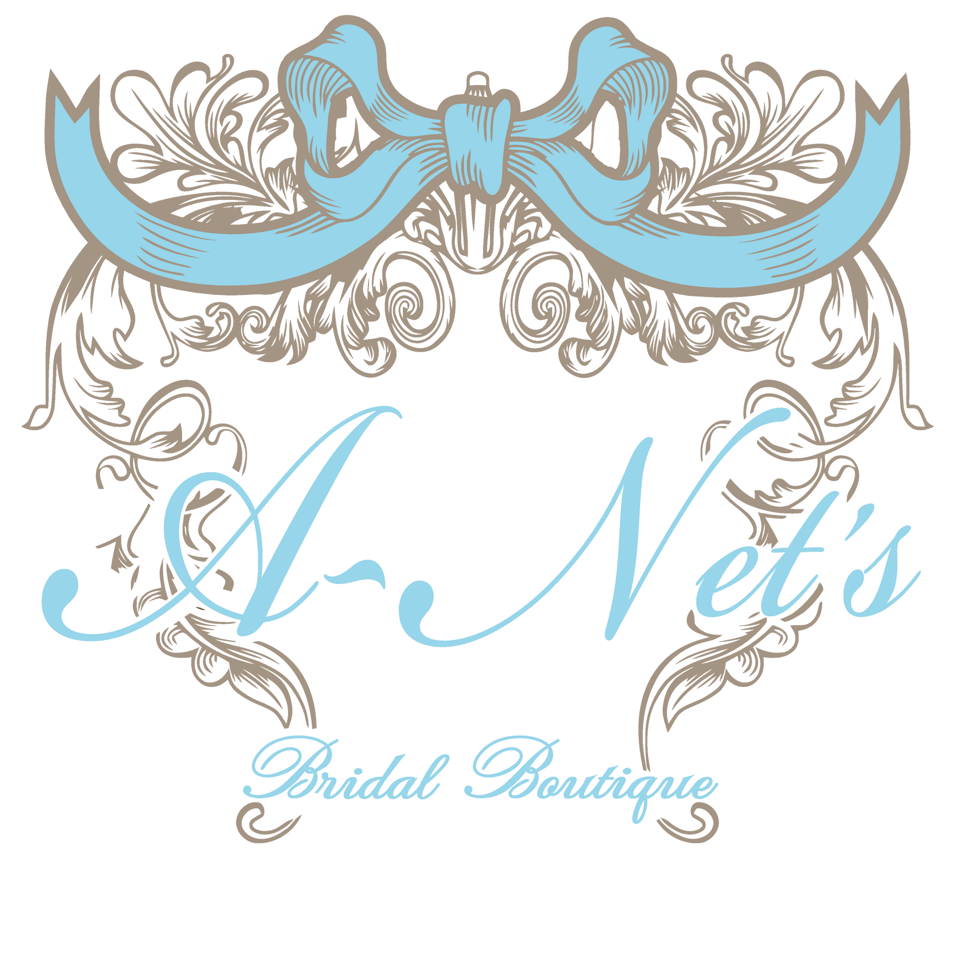 Logo for A-Net's Bridal Boutique with a blue bow and floral design in light blue and beige.