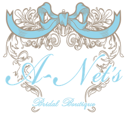 Logo for A-Net's Bridal Boutique with a blue bow and floral design in light blue and beige.
