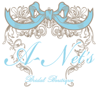 Logo for A. Net's Bridal Boutique featuring a blue ribbon, floral design, and script text.