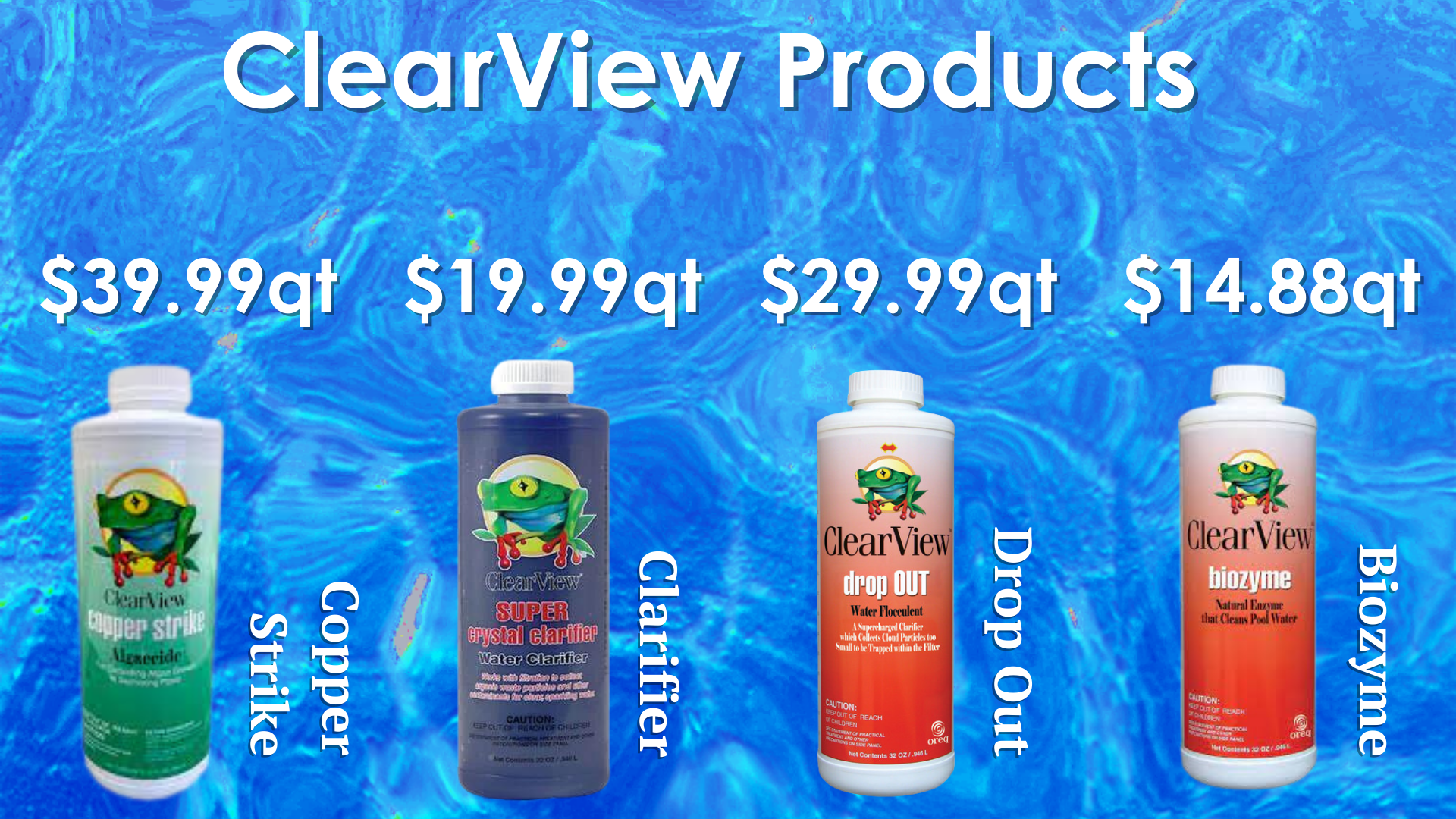 bottles of clearview products are lined up on a blue background