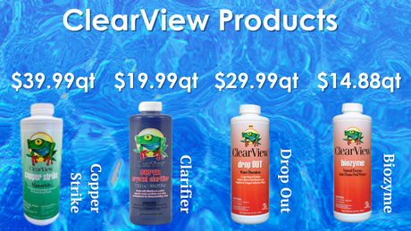 bottles of clearview products are lined up on a blue background