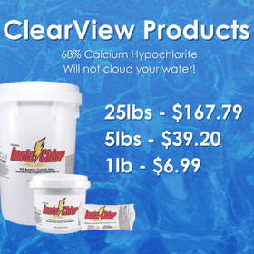 a blue sign that says clearview products calcium hypochlorite will not cloud your water