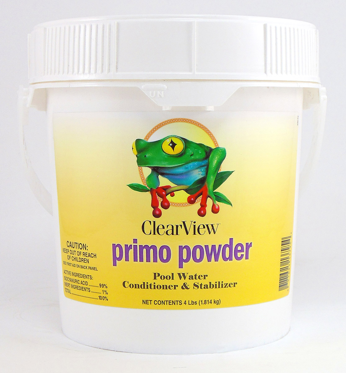 a bucket of clearview primo powder with a frog on the label