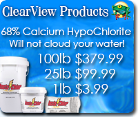 a blue sign that says clearview products calcium hypochlorite will not cloud your water