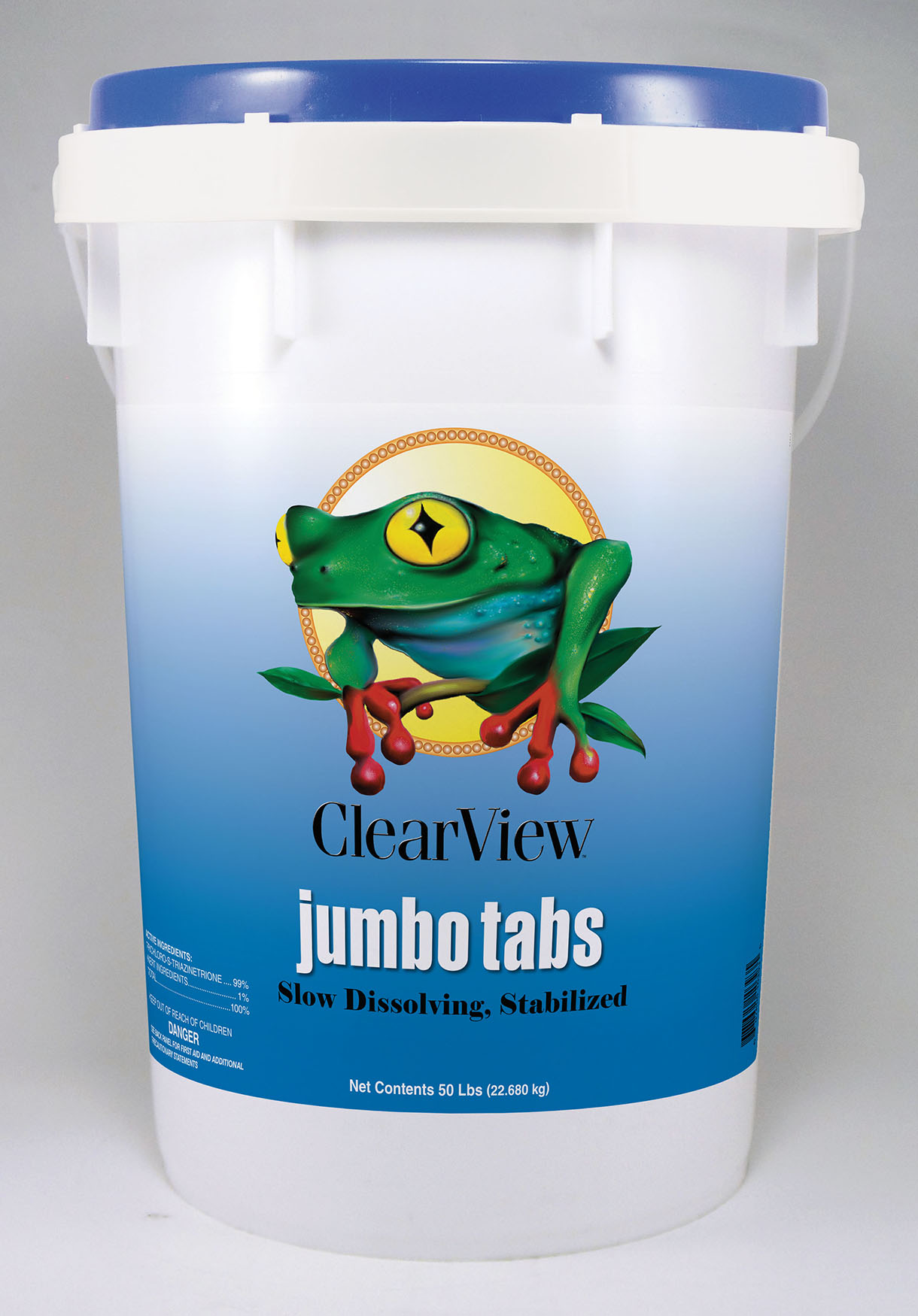 a bucket of clearview jumbo tabs with a frog on the label