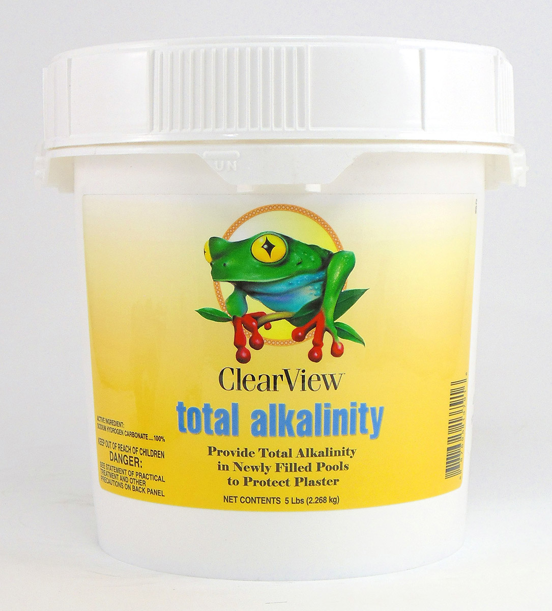 a container of clearview total alkalinity with a frog on the label