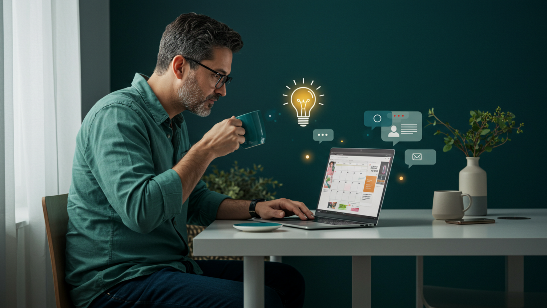 A man is sitting at a table drinking coffee and using a laptop computer.