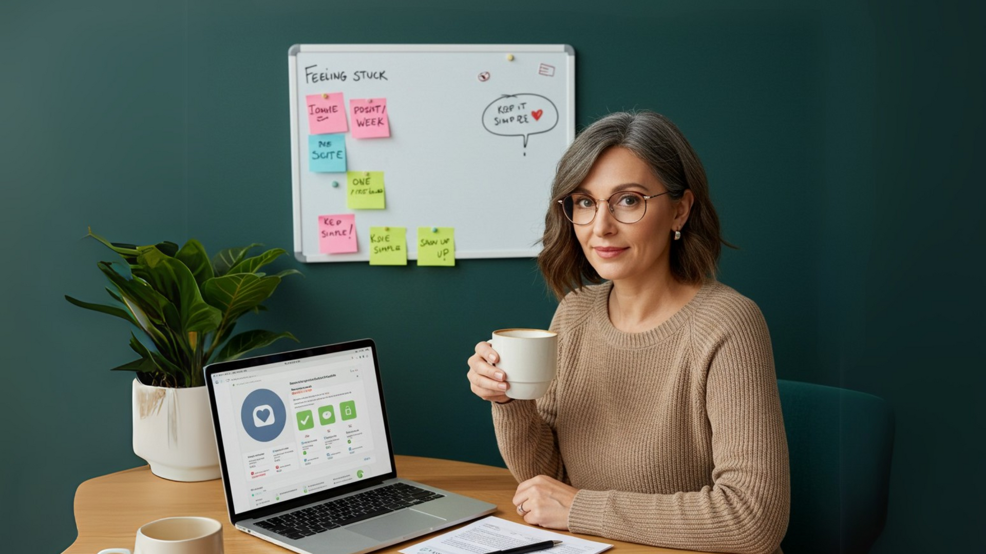 A woman is sitting at a desk with a laptop and a cup of coffee.