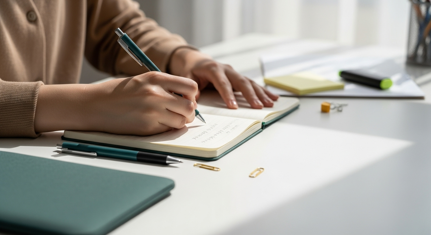 Person writing in a notebook with a pen on a white desk; other supplies are nearby.