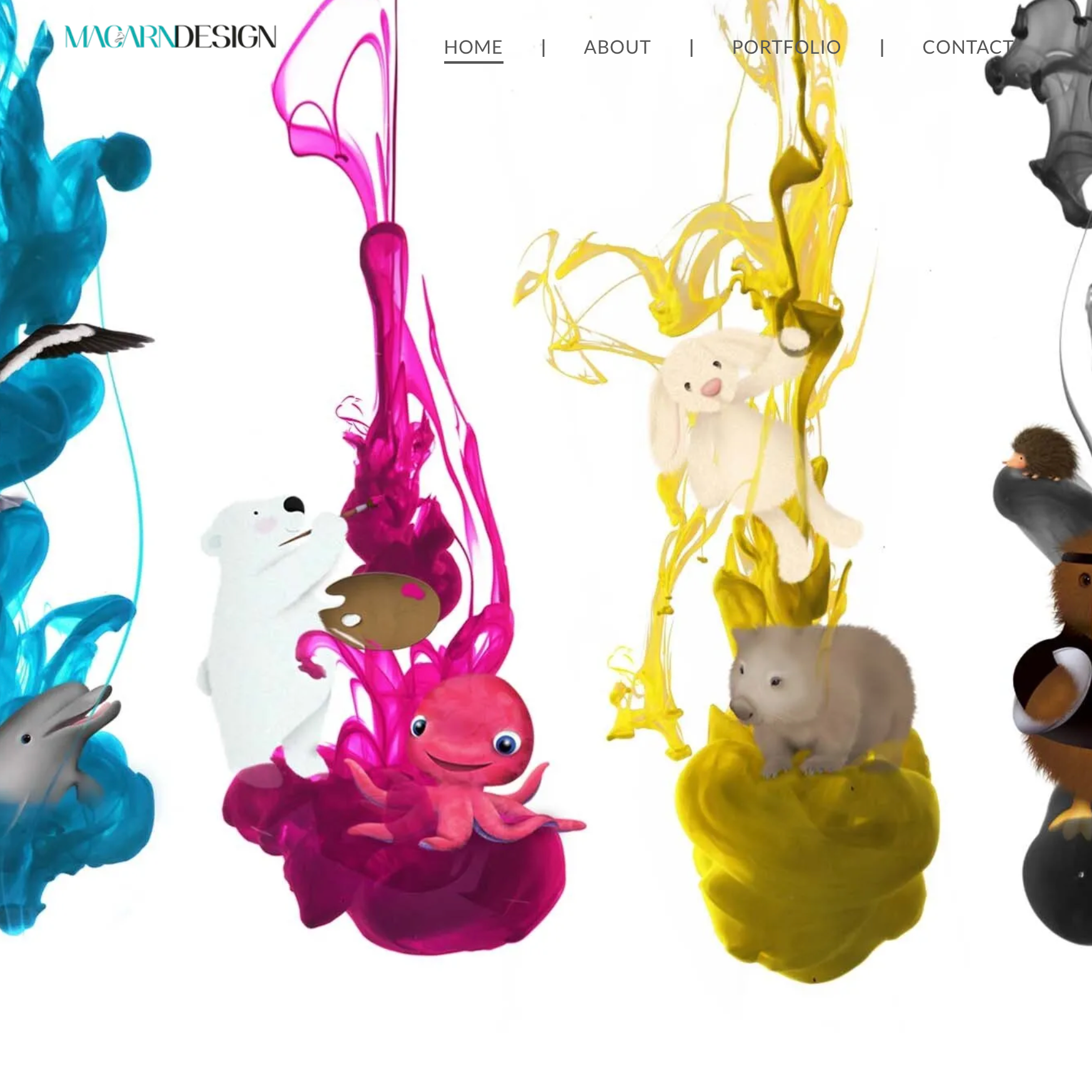 a group of stuffed animals hanging from a string with a splash of paint coming out of them