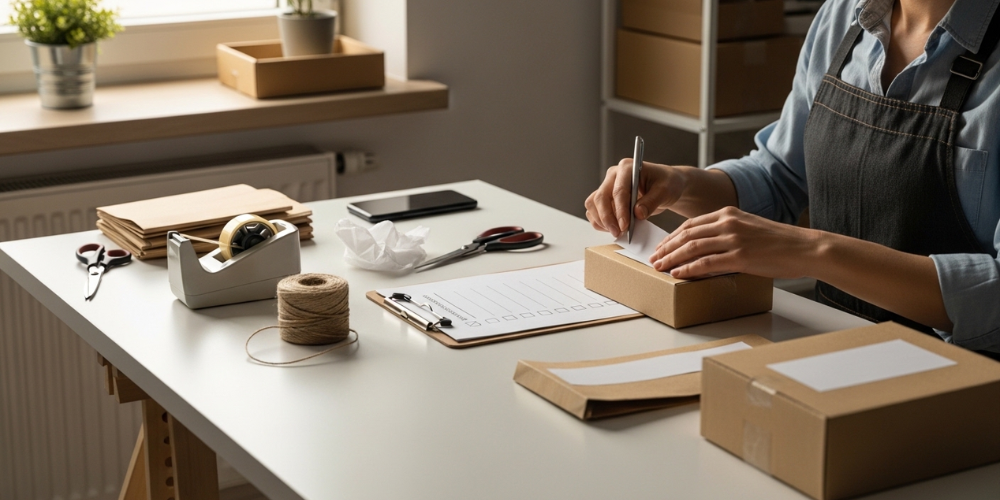 Person in apron packages boxes on a white desk with supplies.
