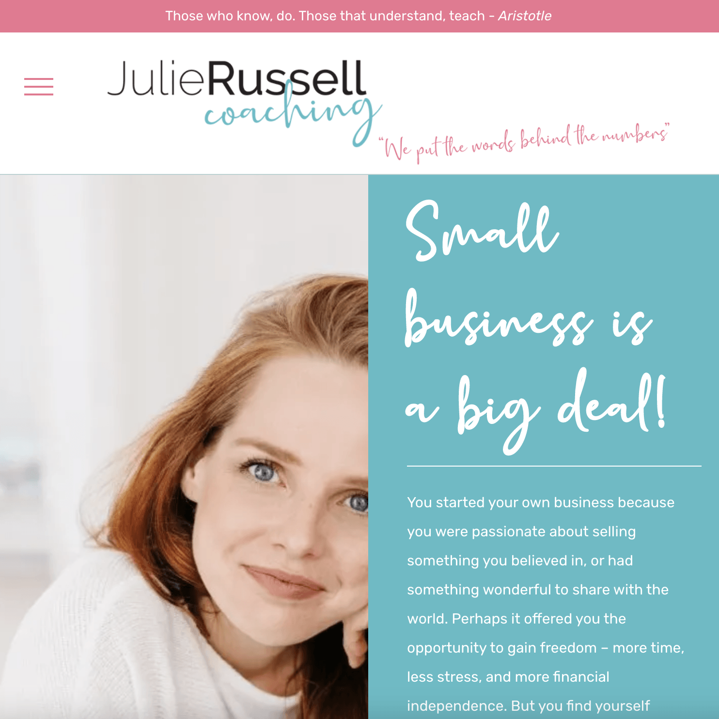 a website for julie russell coaching shows a woman 's face and says small business is a big deal .