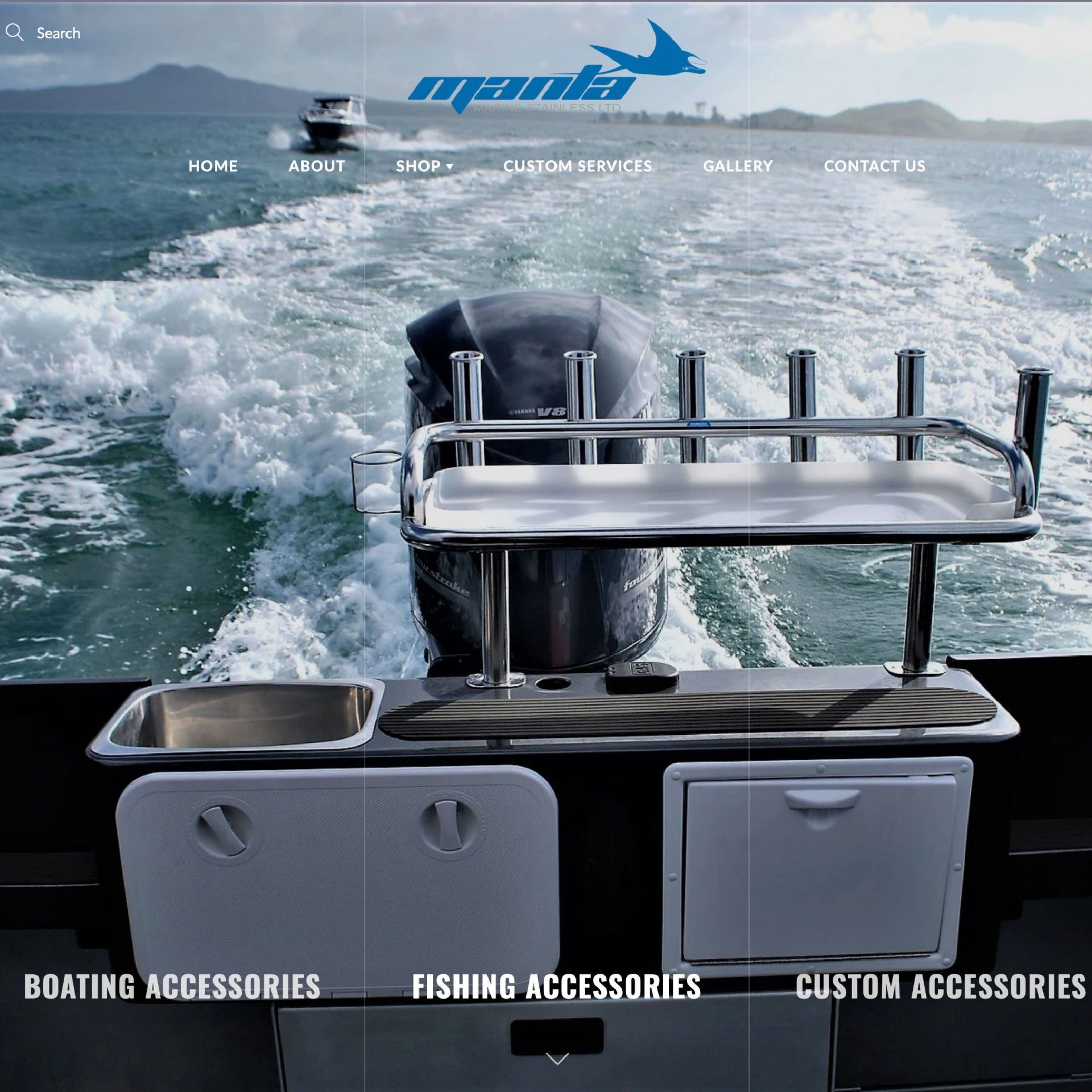 a boat with a sink and a fishing rod rack on it