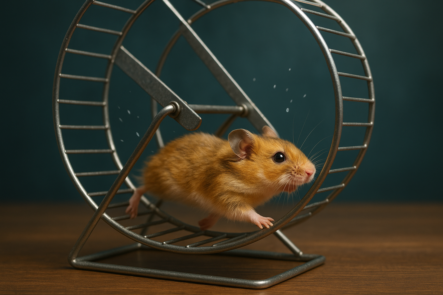 A hamster is running in a metal wheel on a wooden table.
