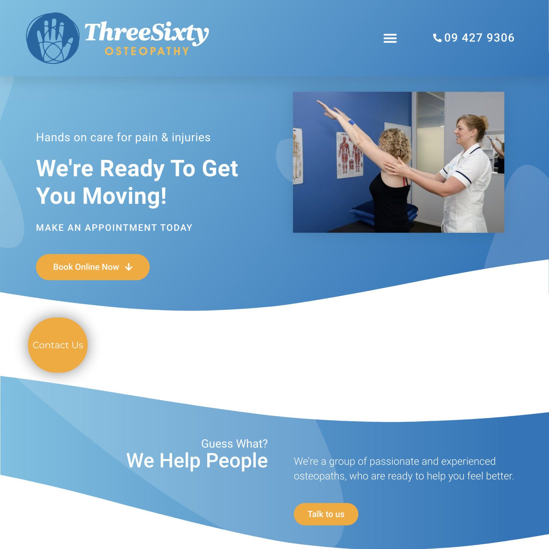 a website for threesixty osteopaths shows a woman stretching her arm