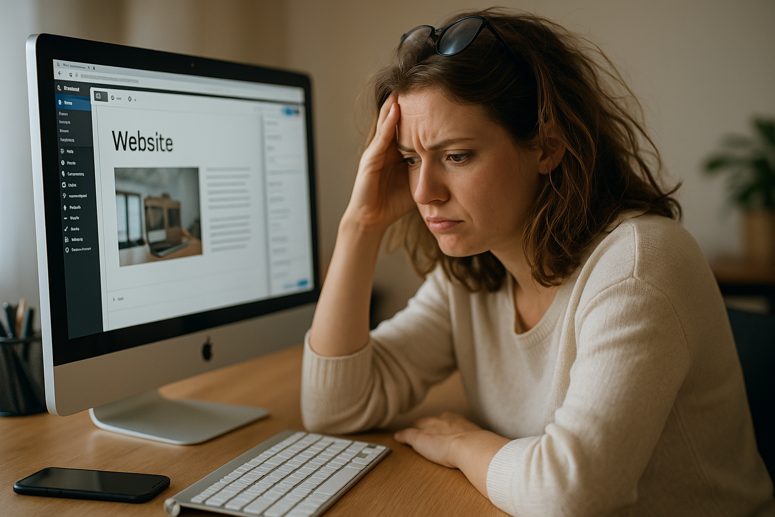 Small-business owner with messy hair looks frustrated while editing a WordPress page on her desktop 
