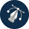 Stylized pen tool with Bezier curves, white on a blue circle.