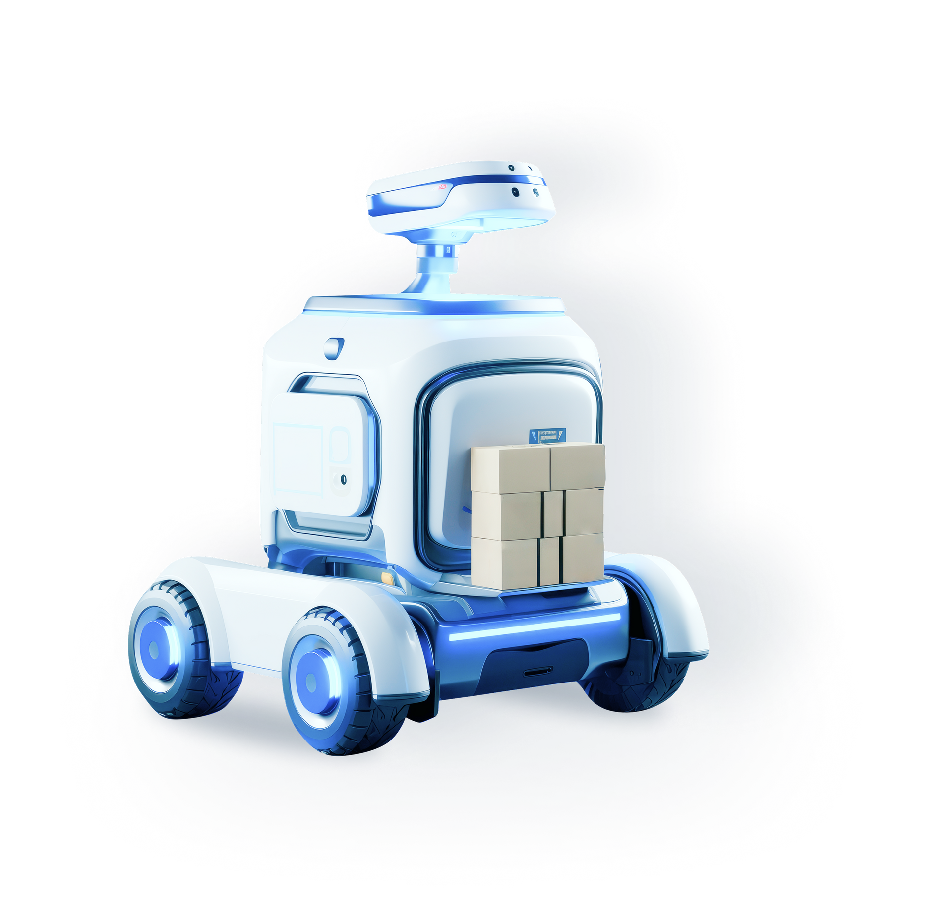 Delivery robot, white and blue, carrying cardboard boxes on a white background.