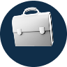Briefcase in a dark blue circle.