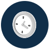 Clock within a blue circle, hands pointing to around 3:40.
