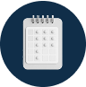 Calendar icon in a dark blue circle.