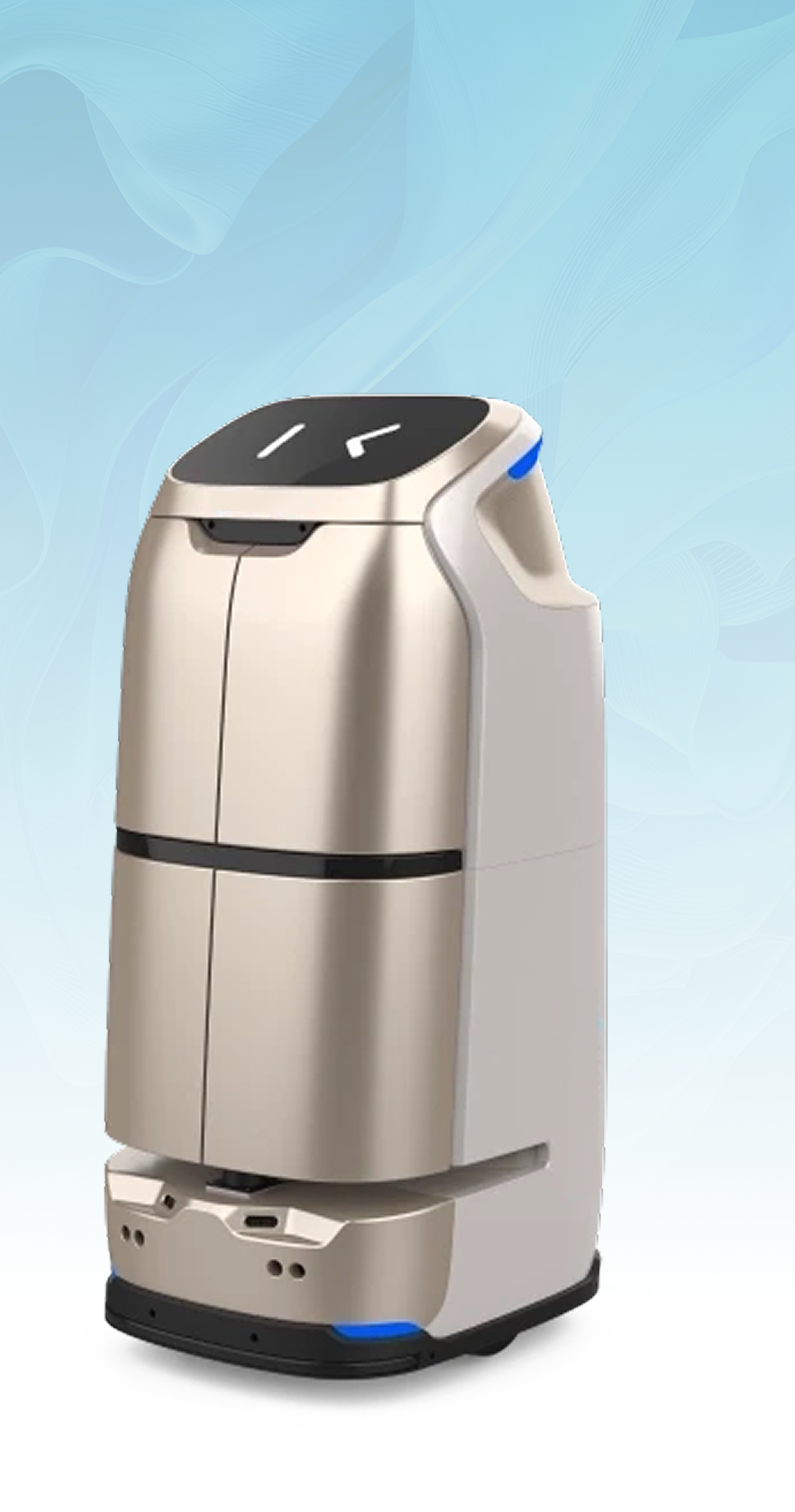 Metallic service robot with a rounded, segmented design, indoors.