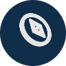 White compass icon on a dark blue circle.