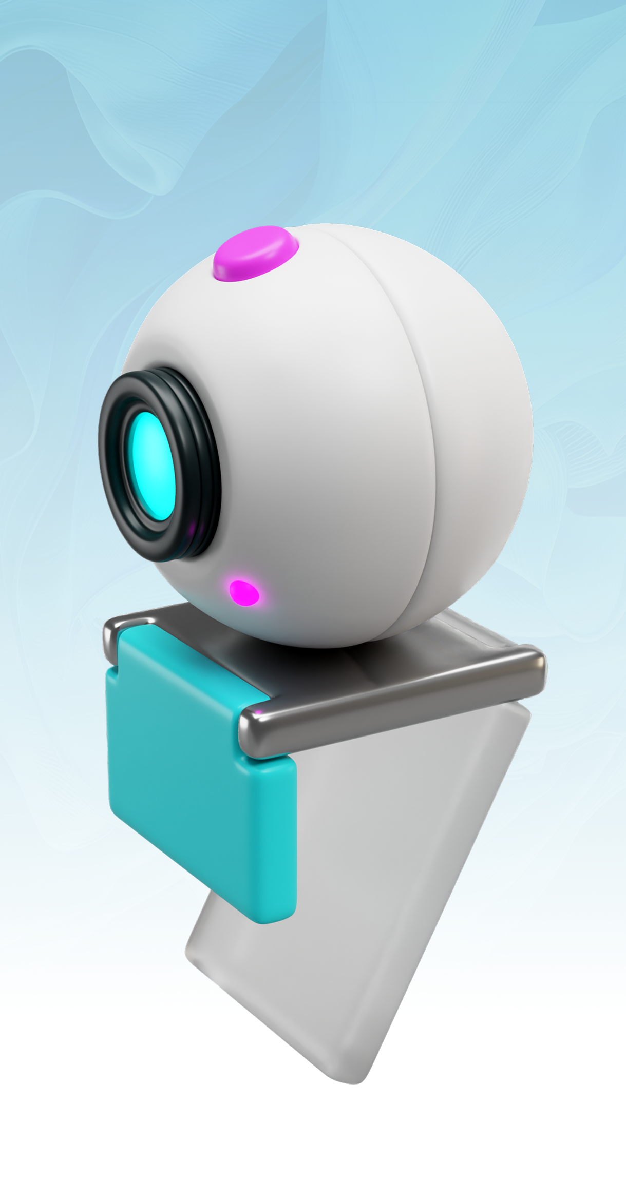 A cartoonish, round-headed camera with a teal screen and button. It has a pink button and teal ring around the lens.