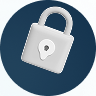 White padlock with a white drop-shaped symbol on a dark blue circle.