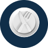 White plate with knife and fork crossed, centered on a dark blue circle.