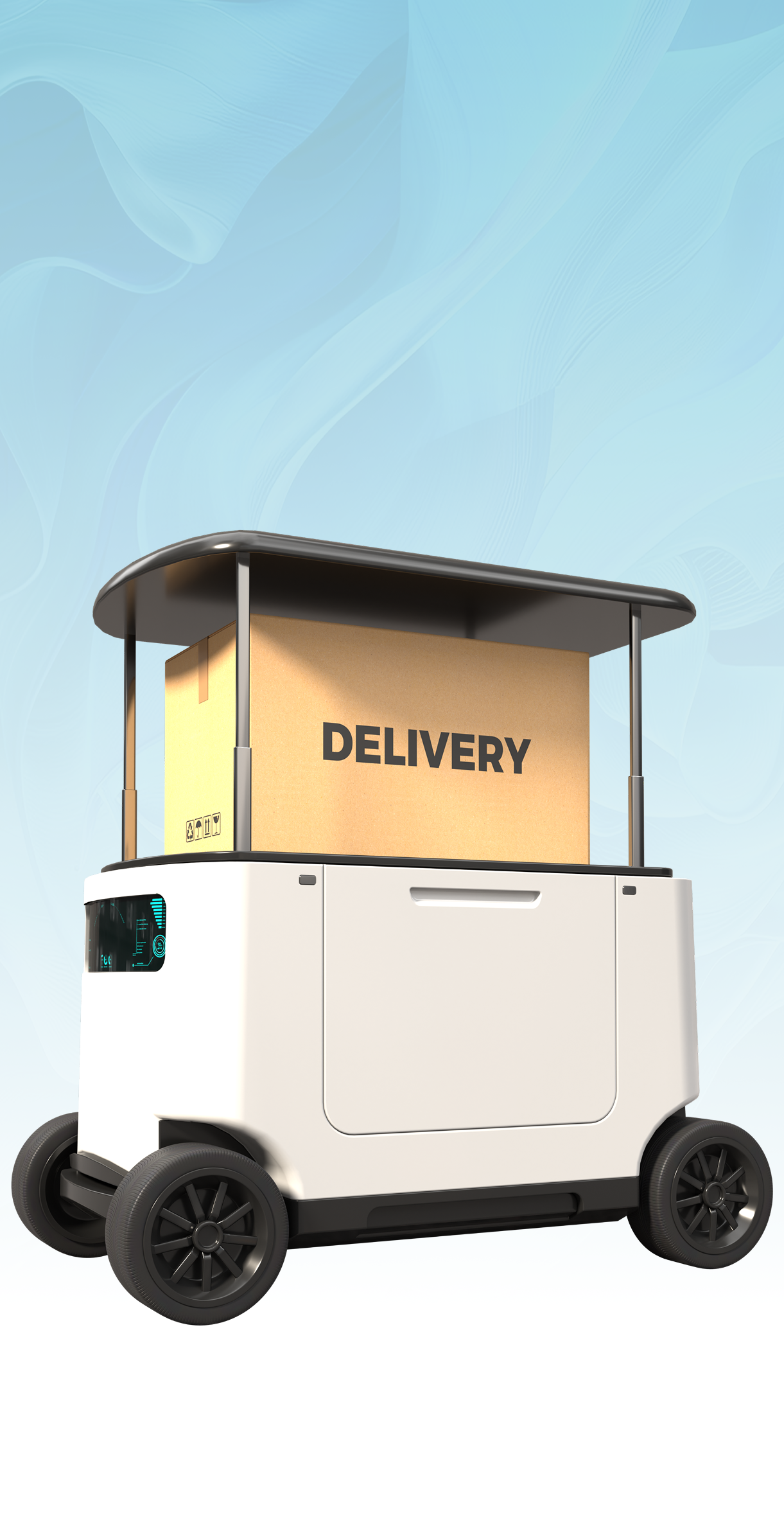 White delivery robot with a box labeled 
