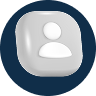White silhouette of a person inside a gray, rounded square, set in a navy blue circle.
