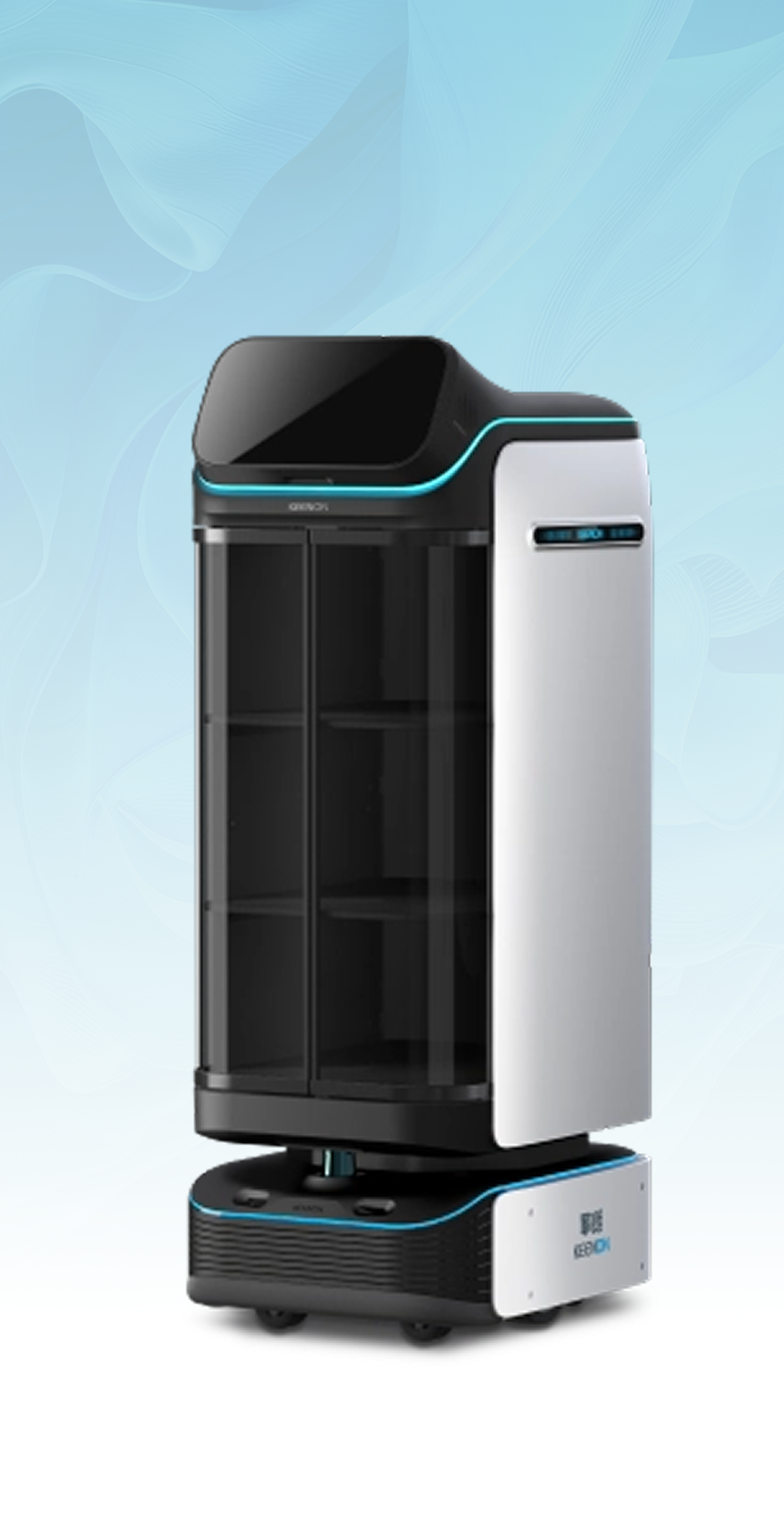 A silver and black service robot with shelves, possibly for delivery, on a blue gradient background.