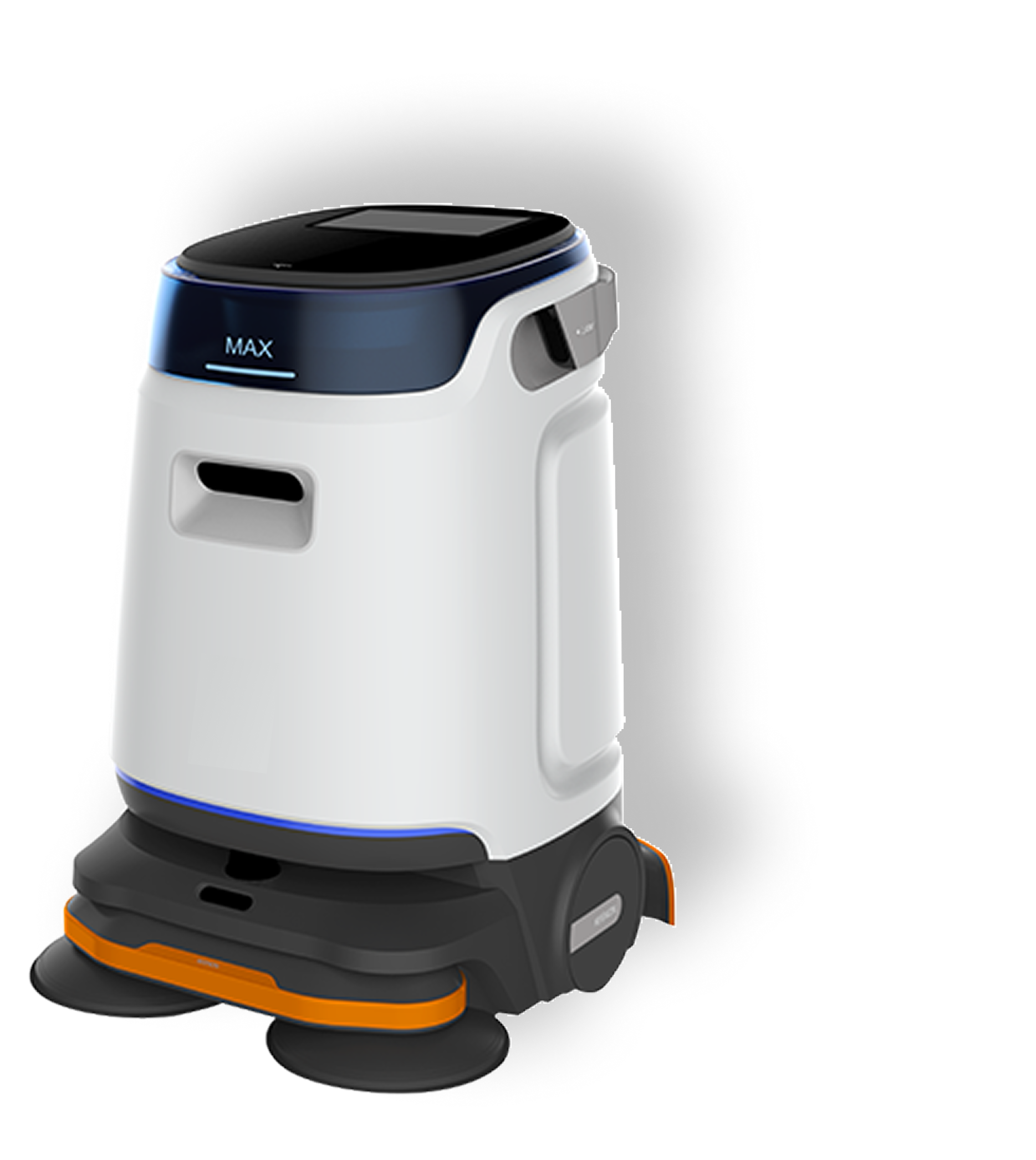 White and black service robot with orange accents.