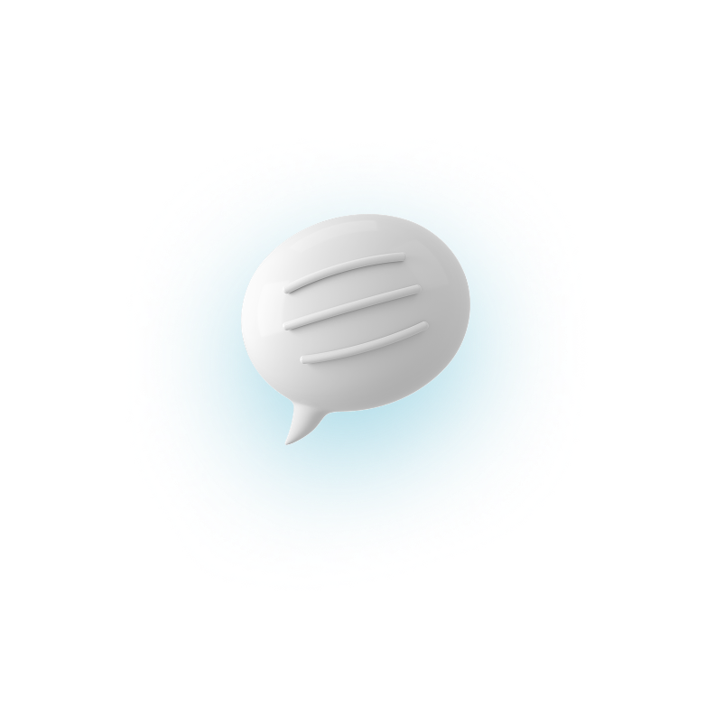 White 3D speech bubble with horizontal lines, light blue glow, isolated on white background.