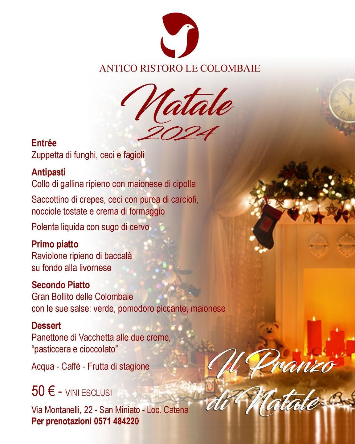 Un menù per una cena di Natale con un albero di Natale sullo sfondo.