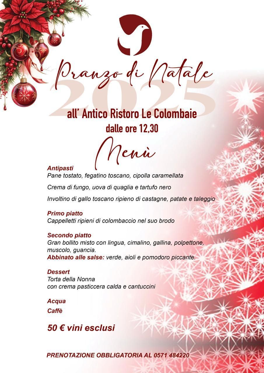 Un menù per una cena di Natale con un albero di Natale sullo sfondo.