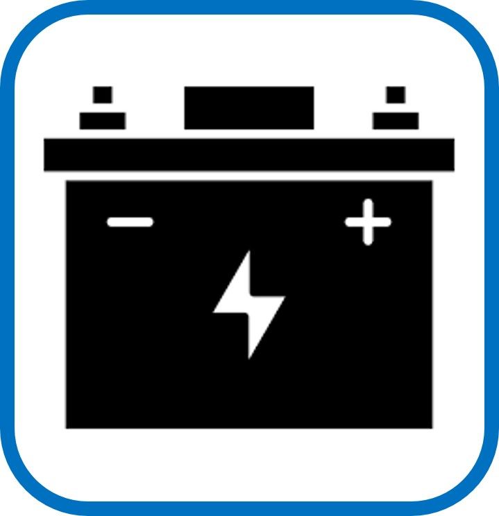 Un icono de batería azul sobre un fondo blanco.