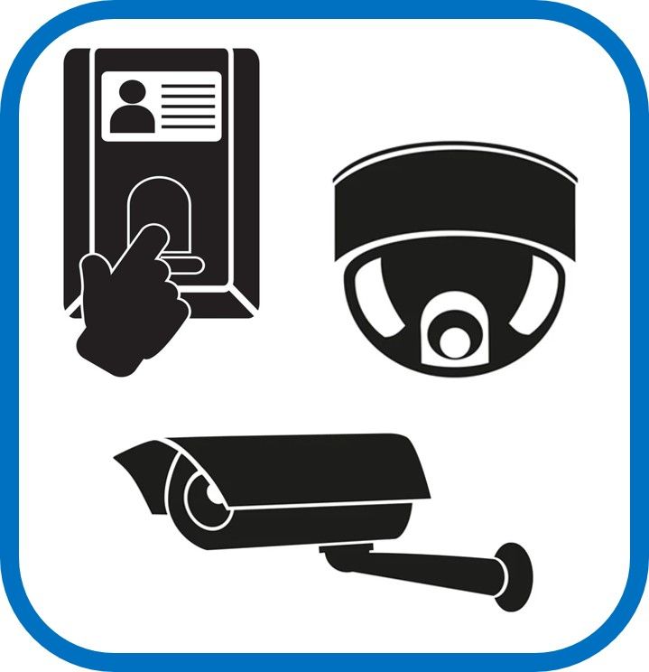 Un icono en blanco y negro de una cámara de seguridad sobre un fondo blanco.