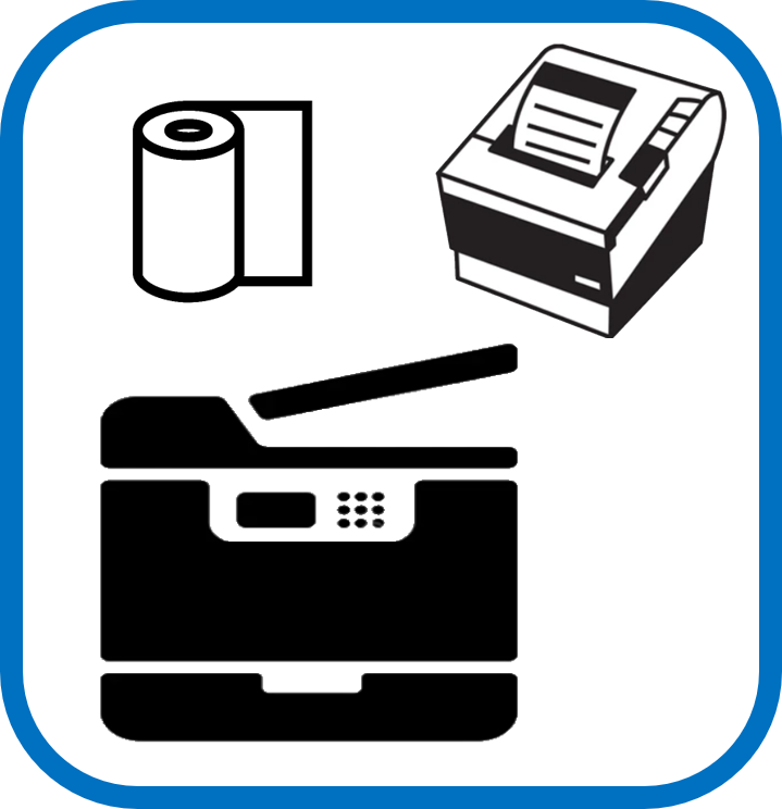 Un icono en blanco y negro de una impresora sobre un fondo blanco.