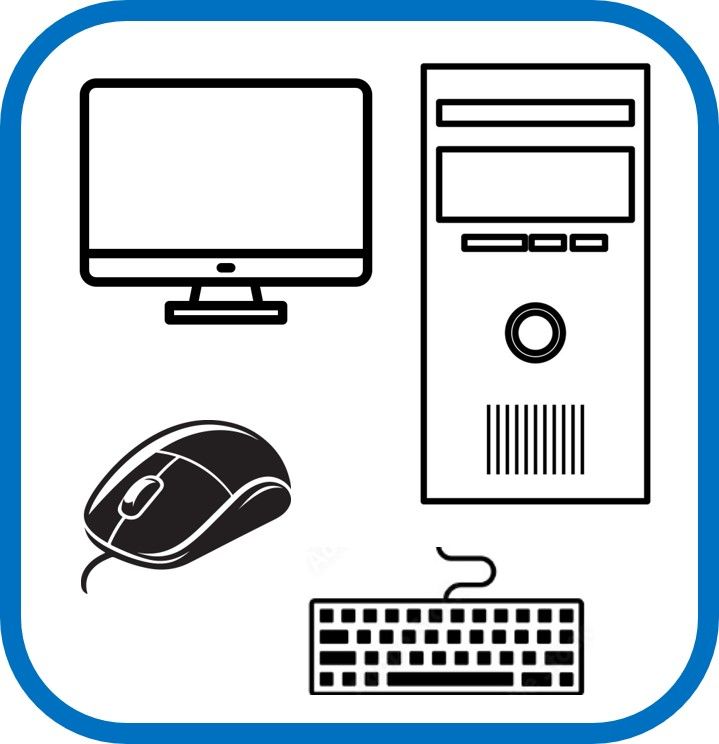 Un icono de computadora con un monitor, un teclado y una torre.
