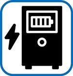 Un icono de UPS azul con un cable conectado a él.