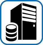 Un icono azul de un servidor y una pila de discos.