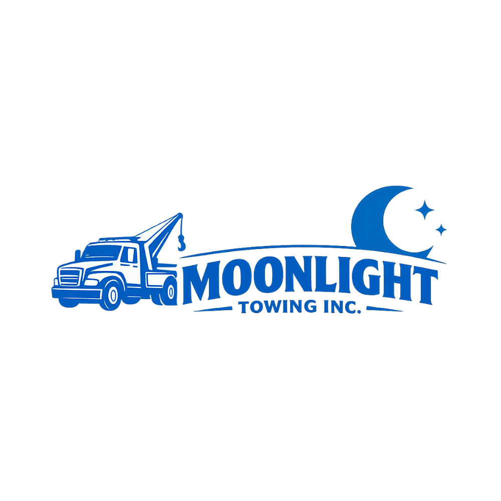 Blue logo of a tow truck and crescent moon with the text “MOONLIGHT TOWING INC.”